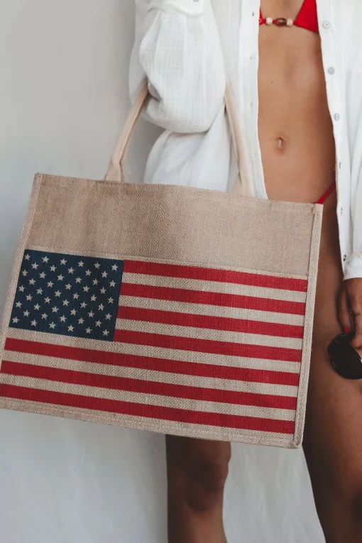 Patriotic Babe American Flag Burlap Beach Bag