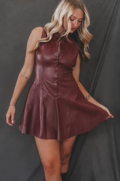 Pretty Sassy Faux Leather Flare Shirt Dress