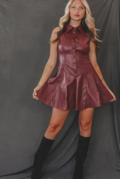 Pretty Sassy Faux Leather Flare Shirt Dress