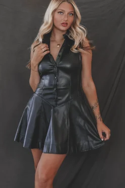 Pretty Sassy Faux Leather Flare Shirt Dress