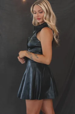 Pretty Sassy Faux Leather Flare Shirt Dress