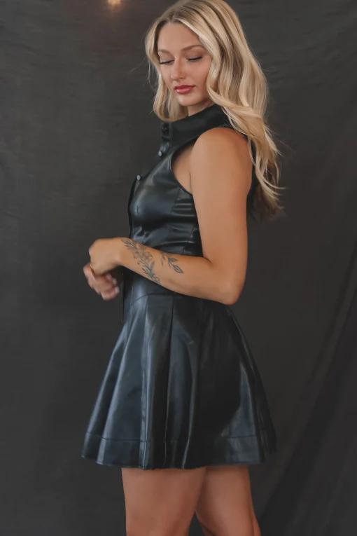 Pretty Sassy Faux Leather Flare Shirt Dress