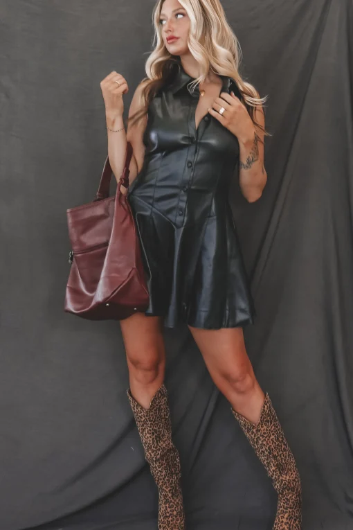 Pretty Sassy Faux Leather Flare Shirt Dress