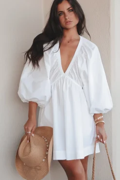 Promises To Keep Deep V Neckline Balloon Sleeve Dress