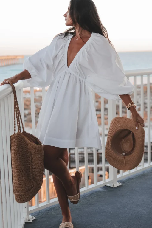 Promises To Keep Deep V Neckline Balloon Sleeve Dress