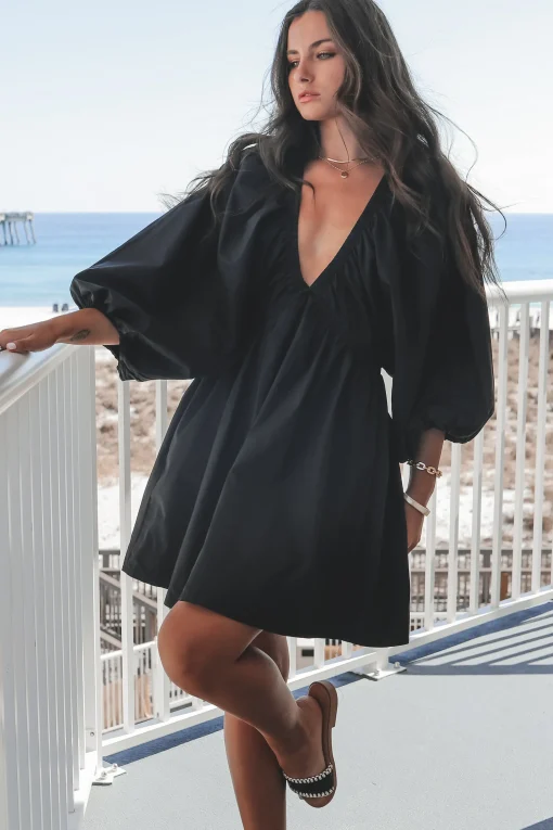 Promises To Keep Deep V Neckline Balloon Sleeve Dress