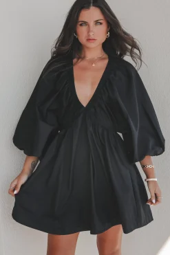 Promises To Keep Deep V Neckline Balloon Sleeve Dress