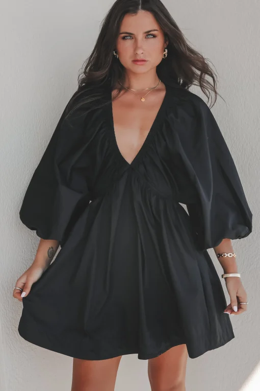 Promises To Keep Deep V Neckline Balloon Sleeve Dress