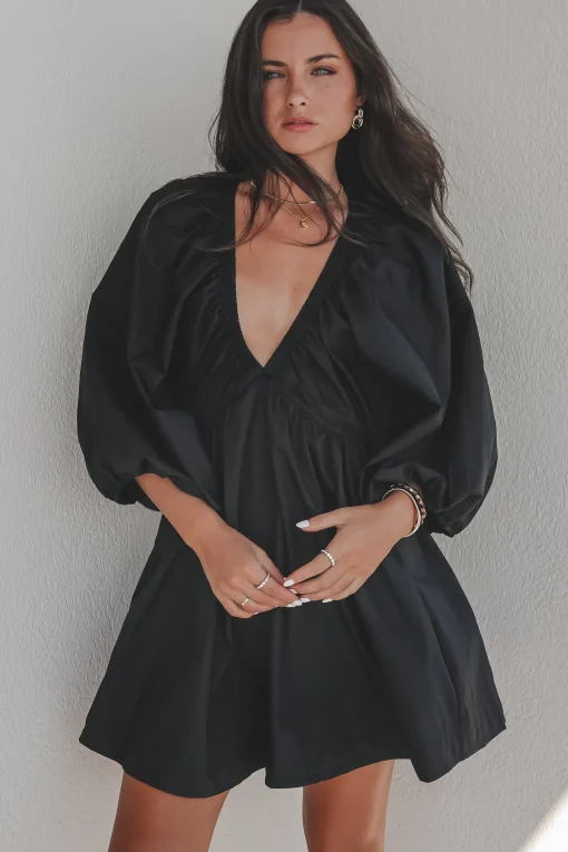 Promises To Keep Deep V Neckline Balloon Sleeve Dress