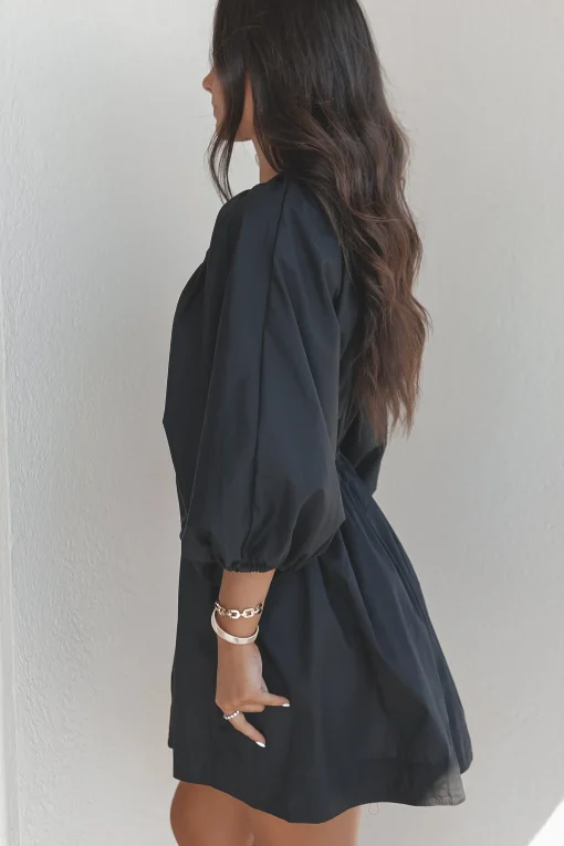Promises To Keep Deep V Neckline Balloon Sleeve Dress