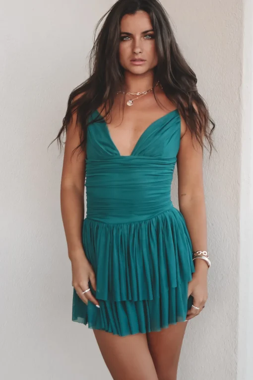 Reservations For Two Green Mesh Lace Up Mini Dress
