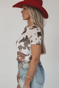 Rodeo Nights Cow Print Mesh Short Sleeves Top