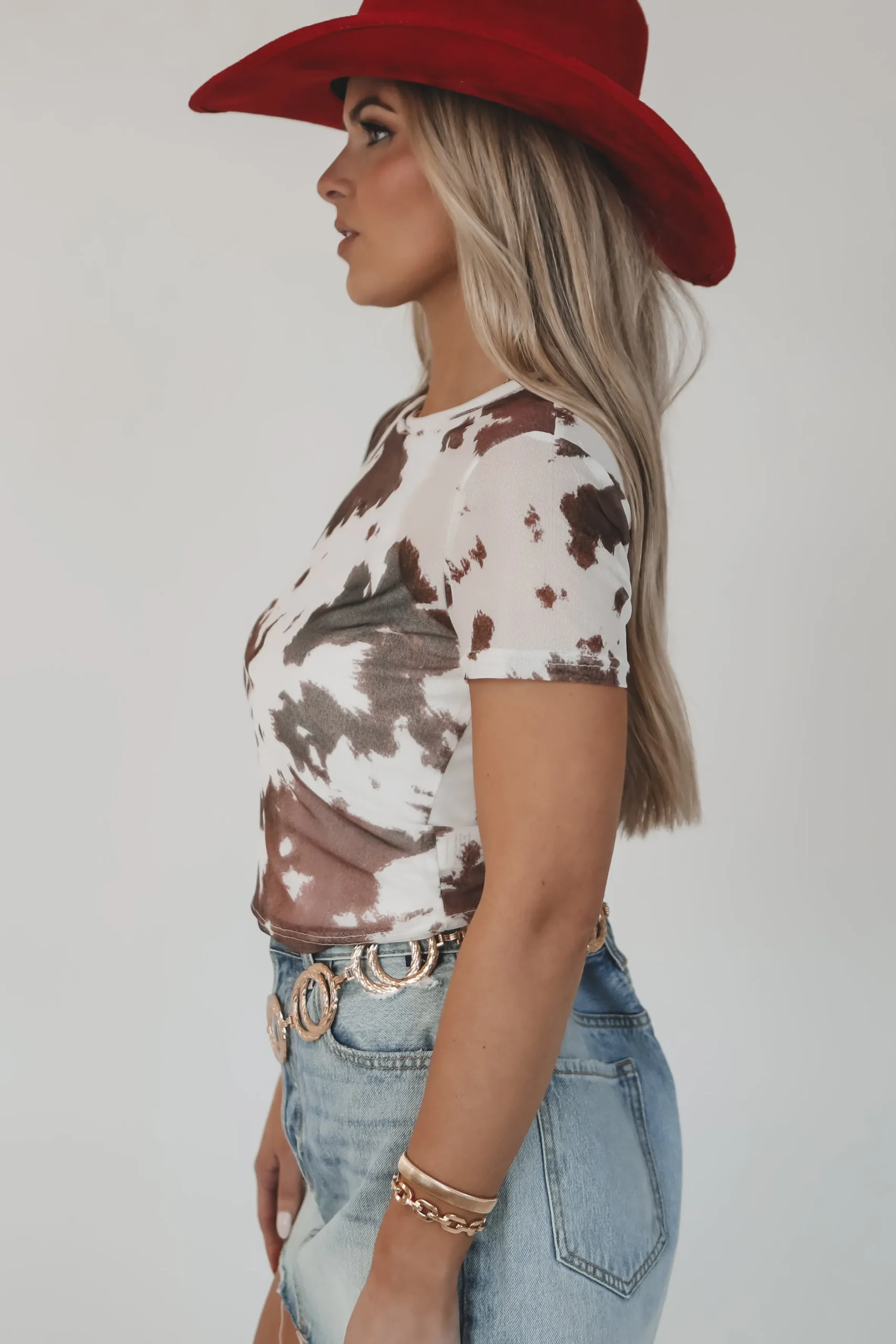 Rodeo Nights Cow Print Mesh Short Sleeves Top