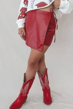 SADIE & SAGE Wine Down Faux Leather Overlaped Red Mini Skort