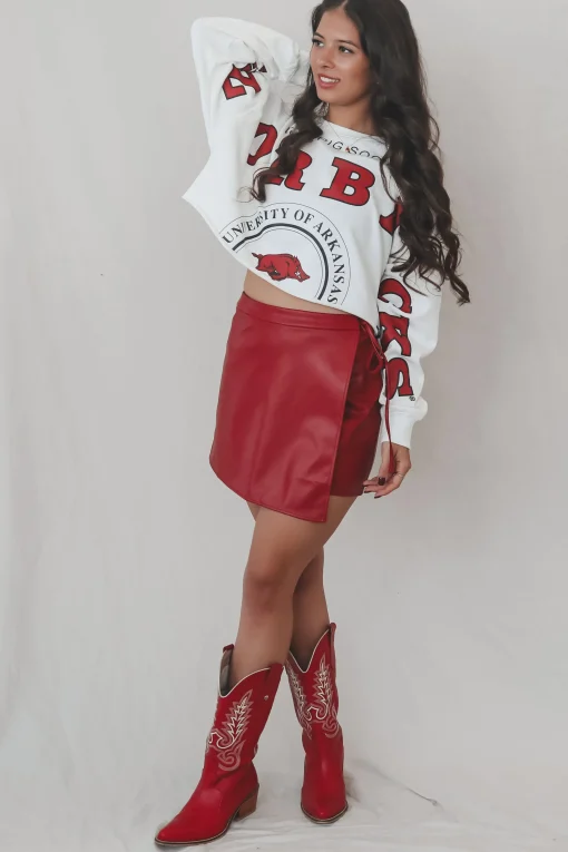 SADIE & SAGE Wine Down Faux Leather Overlaped Red Mini Skort