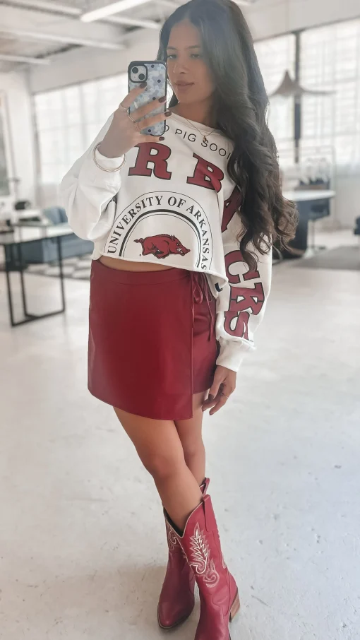 SADIE & SAGE Wine Down Faux Leather Overlaped Red Mini Skort