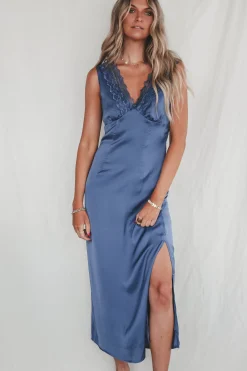 SAGE THE LABEL Midnight Blue Satin Maxi Dress