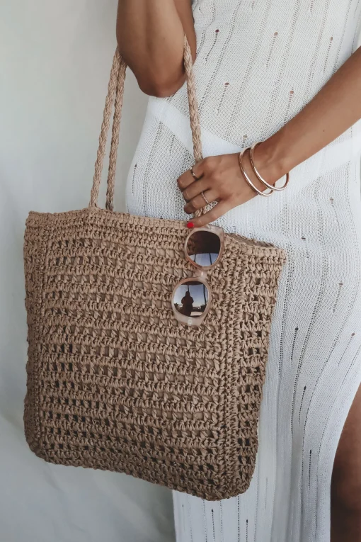 Sea Shells Inside Straw Braided Beach Tote Bag