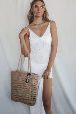 Sea Shells Inside Straw Braided Beach Tote Bag