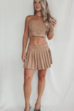 She Means Business Tan Belted Pleated Mini Skirt Set