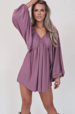 Something Extra Puff Sleeve Mauve V Plunge Dress
