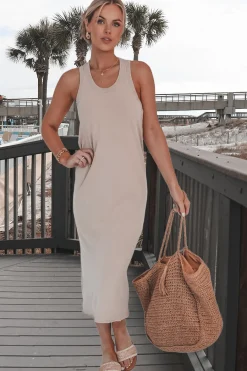 Talk Warmer Weather To Me Taupe Midi Dress
