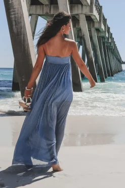 The Vibe Is Mermaid Blue Shimmer Strapless Maxi Dress