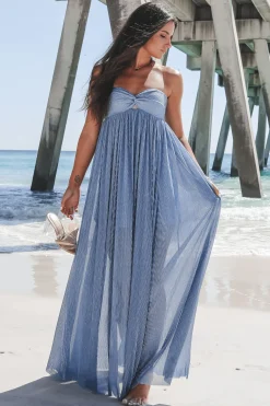 The Vibe Is Mermaid Blue Shimmer Strapless Maxi Dress
