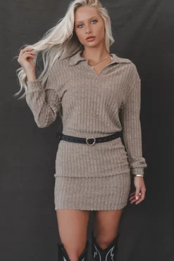 Wake Up And Slay Washed Brown Knit Collared Dress