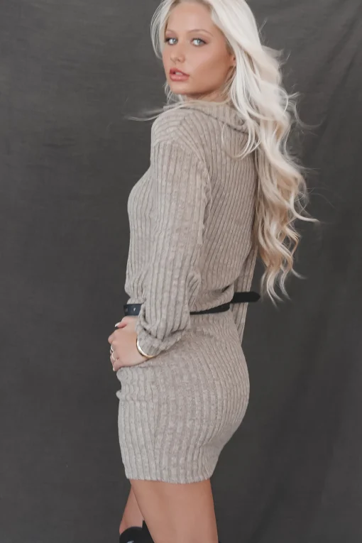 Wake Up And Slay Washed Brown Knit Collared Dress