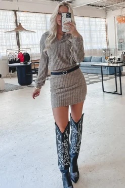 Wake Up And Slay Washed Brown Knit Collared Dress